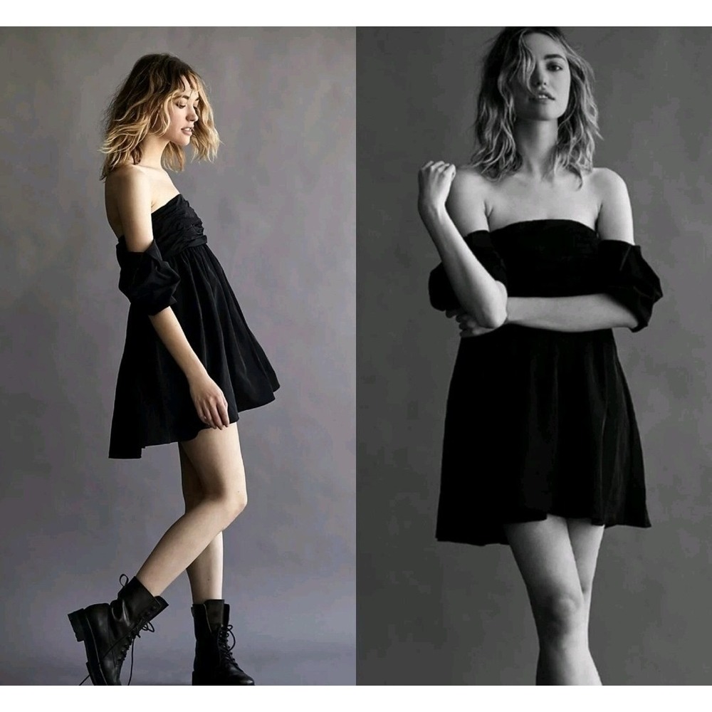 Free People Mia Off Shoulder Retro Mini Dress  Black US 0 Goth Luxury Cassic NWT